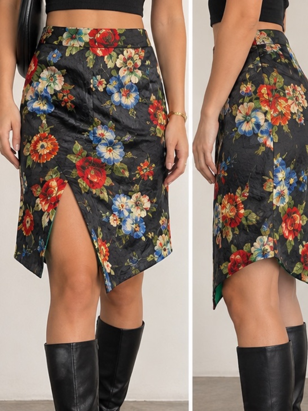 Asymmetrical Floral Midi Skirt - Black with Red & Blue Blooms